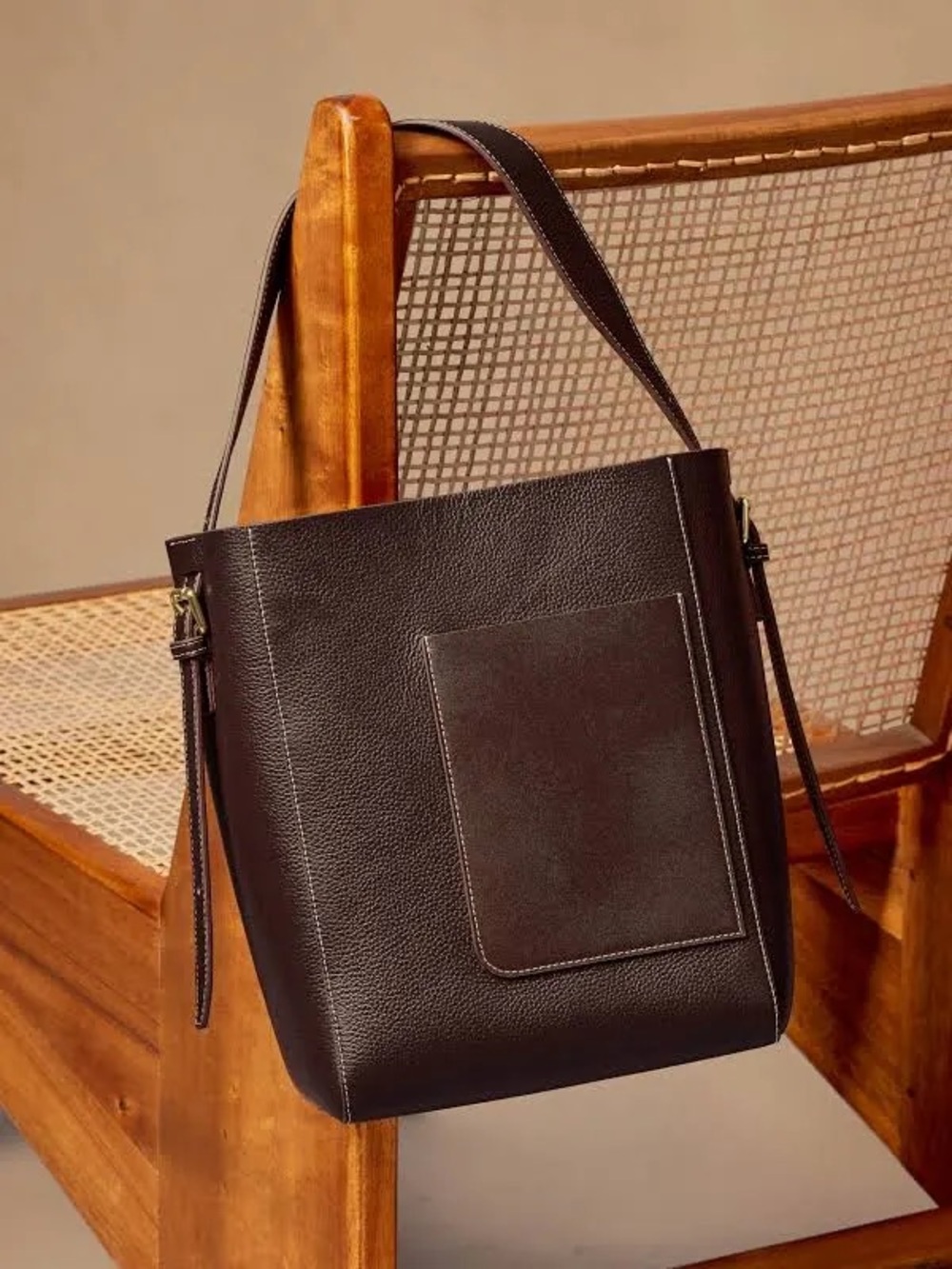 J. McLaughlin Zaina Pebbled Leather Bucket Bag Purse Tote Dark Brown
